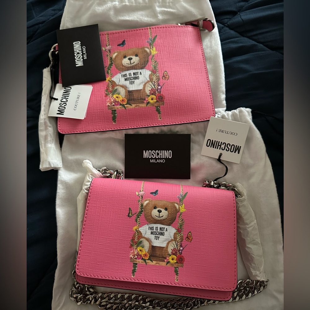 Authentic pink Moschino crossbody and matching clutch with authenticity card